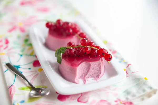 Red Currant Panna Cotta Berry Sauce Plate Vegan Dessert Vanilla — Stock Photo, Image