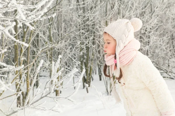 코트를 분홍색의 스카프를 소녀가 아름다운 눈덮인 숲에서 크리스마스 분위기 — 스톡 사진