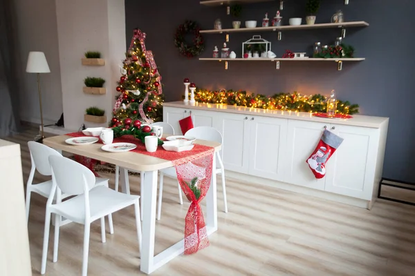Christmas Modern Interior Stylish Kitchen Decorated New Year Holidays — Stock Photo, Image