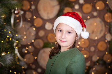 Noel Baba şapkalı hoş bir kız. Noel 'in iç dekorasyonu eko tarzında. Çiftlik evi tarzında kış kırsal ev dekorasyonu. Ağaç kesikli duvar