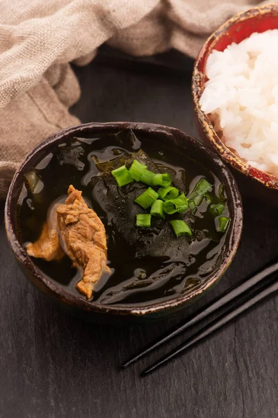 Close-up of Korean Seaweed Soup Miyeok Guk in a serving bowl