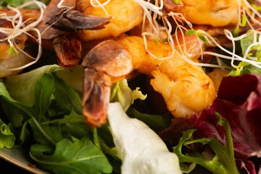 Taze salata üzerine tütsülenmiş karides ve Alfalfa filizi.