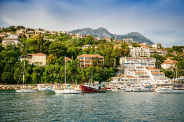 Beautiful view of a small port with boats and yachts in Herceg Novi, Montenegro