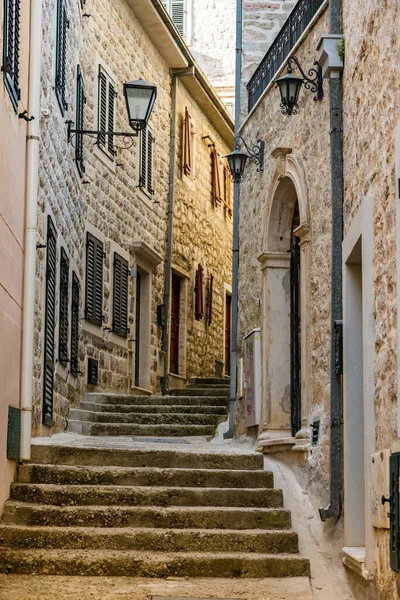 Cozy Old Narrow Street Steps Old Town Herceg Novi Montenegro — Stock Photo, Image
