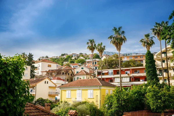 Vista Las Afueras Herceg Novi Con Pequeñas Casas Residenciales Bahía — Foto de Stock