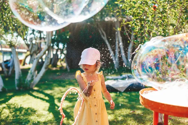 Cute Little Girl Making Big Soap Bubbles Summer Outdoor Activities — Stock Photo, Image
