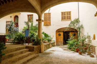 Fornalutx, Mallorca, İspanya 'da saksıda bir sürü bitki bulunan tipik rahat bir avlu.
