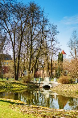 Litvanya, Vilnius 'taki Bernardinu Parkı' ndaki bahar manzarası. Yerel halk ve turistler için bir davet noktası