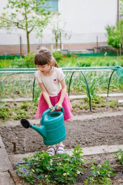 5-6 yaşlarında, elinde büyük bir su bidonuyla bahçede duran bir kız. Bitkilerle ilgilenmek, büyümelerini sağlamak için sulamak.