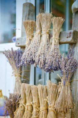Ahşap bir merdivenden sallanan lavanta buketleri aromaterapi ya da potpuride kullanılmak üzere sicimle bağlanır.