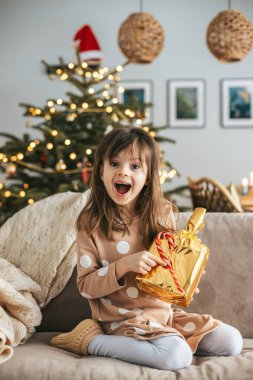 Kanepede altın bir hediye kutusu tutan ağzı açık mutlu küçük bir kız. Oda, arkasındaki Noel ağacı ile parıldıyor, süslerle süslenmiş, yanıp sönen ışıklar, ve üstünde bir Noel Baba şapkası var.