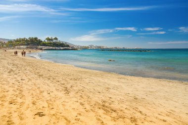 Playa Del Duque, Tenerife 'den turkuaz suların kumlu sahili hafifçe okşadığı pitoresk bir plaj sahnesi. Sahili çevreleyen yemyeşil alan tropikal bir hava katıyor.