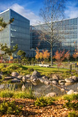 Birden fazla katlı cam bir bina, peyzaj parkı, sonbahar renkli ağaçlar ve modern mimariyi sakin bir çevreyle harmanlayan bir gölet ile tamamlanmış mavi gökyüzünü yansıtır.