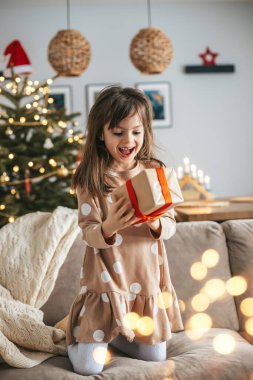 Küçük bir kız elinde kırmızı bir kurdeleyle paketlenmiş bir hediyeyle Noel için dekore edilmiş bir oturma odasındaki koltukta diz çöker. Noel ağacı, ışıklar, Noel Baba şapkası ve diğer Noel süslemeleri olan samimi ve neşeli bir atmosfer..
