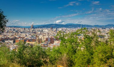 Sagrada Familia, Barcelona 'nın modern ve tarihi binalarla çevrili panoramik manzarasının merkezinde yükselir. Yeşil ağaçlar ve uzak dağlar şehrin kentsel canlılığına doğal bir element ekliyor..