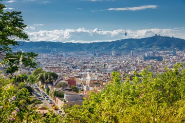 Barselona 'nın kentsel yoğunluğunun panoramik görüntüsü, çok çeşitli binalar. Ön planda ağaçlar ve yapraklar sıralanırken, arka planda parçalı bulutlu bir gökyüzünün altında tepeler yer alıyor.