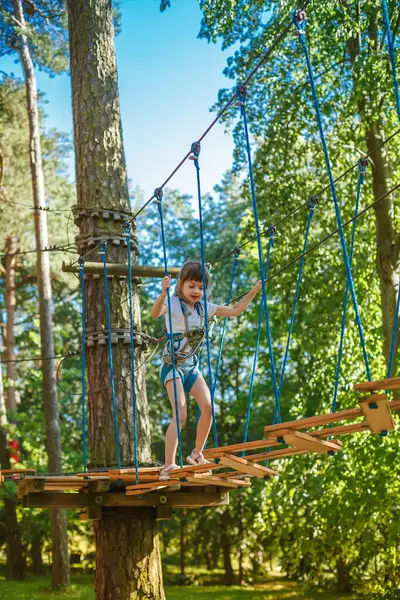 Çocuk, heyecan ve konsantrasyon duygusu göstererek, bir macera parkında ipten bir köprüyü dikkatle geçer. Bereketli yeşilliklerle çevrili, açık hava mücadelesinden hoşlanıyorlar.