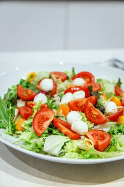 Renkli salata, karışık yeşillikler, kiraz domatesleri ve mozarella topları, beyaz bir kasede sunuluyor, tazeliği ve sağlıklı yaşam tarzı seçimlerini vurguluyor