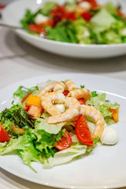 Canlı yeşillikler, karidesler ve renkli sebzelerden oluşan taze salata, beyaz tabakta servis ediliyor, çekici bir sunumla sağlıklı bir yemek seçeneği sunuluyor.
