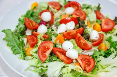 Canlı yeşillikler, olgun domatesler ve kremalı mozzarella topları içeren taze salata, beyaz bir kasede güzelce düzenlenmiş sağlıklı beslenme ve aşçılık sanatını sergiliyor.