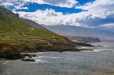 Tenerife 'deki El Sauzal kıyı şeridinin çarpıcı manzarası. Atlantik Okyanusu' yla buluşan engebeli uçurumlar, tepelerde yemyeşil alanlar ve parçalı bulutlu bir gökyüzü altında geniş deniz manzaraları.