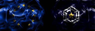 Flags of EU, European Union vs Japan, Japanese, Omu, Hokkaido, Okhotsk, Subprefecture. Smoke flag placed side by side on black background. 