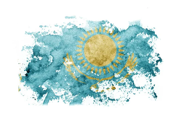 Казахстан Флаг Казахстана Раскрашены Белой Бумаге Акварелью — стоковое фото