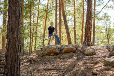 Bir kız ormanda bir köpekle yürüyor ve ellerini kaldırıyor..