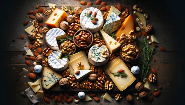 享受这个奢华多样的高质量形象 特色是美味的奶酪和坚果 精美地呈现在一个乡村木地板上 — 图库照片
