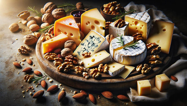 Delight in the luxurious variety of this high-quality image featuring a gourmet cheese and nut assortment, artistically presented on a rustic wooden board. 