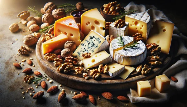 素朴な木製ボードに芸術的に提示されたグルメチーズとナッツの品揃えを特徴とするこの高品質のイメージの豪華な品種で喜び ストック写真
