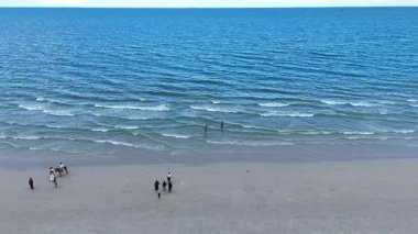 Geniş tropikal bir plajda yürüyen beş kişinin hava görüntüsü. Yüksek kalite 4k görüntü
