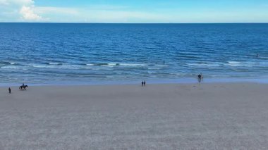 Tayland 'da okyanus dalgaları yakınında boş sahilde yürüyen insanlar. Yüksek kalite 4k görüntü