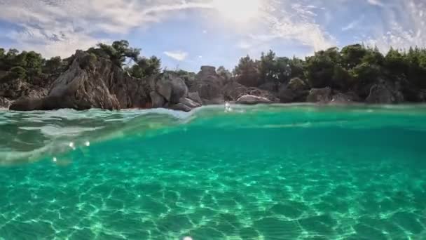半水下慢镜头热带海滩水晶清澈海水 从海上看 树木和水面 — 图库视频影像