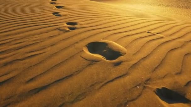 Camera Follows Footprints Big Sand Dune Footprints Sand Desert Warm — Vídeo de stock