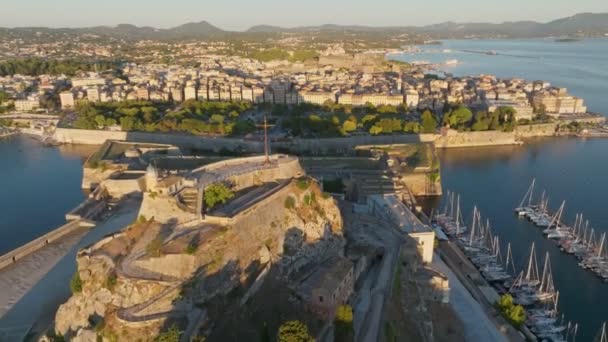 Aerial Morning Shot Kerkyra Capital Corfu Island Greece Flying Buildings — Stock video