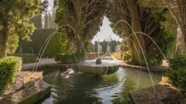 Alhambra 'daki Generalife Bahçeleri' ndeki ağaçlarla çevrili çeşme. Granada, İspanya. Kamera, Generalife Gardens 'taki çeşmeyle ağaçlar arasında gidip geliyor. Yavaş çekim HDR titreşimli çekim