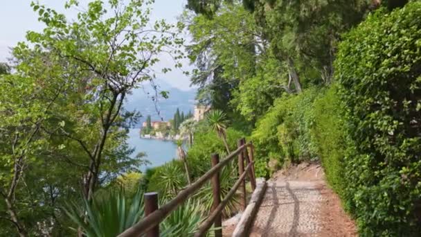 Câmera Movendo Longo Caminho Perto Lago Como Itália Variedade Plantas — Vídeo de Stock