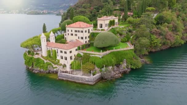 Voando Redor Villa Del Balbianello Lago Como Itália Belo Jardim — Vídeo de Stock