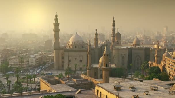 Cairo City Light Fog Rays Setting Sun Zoom Out Mosque — Vídeos de Stock