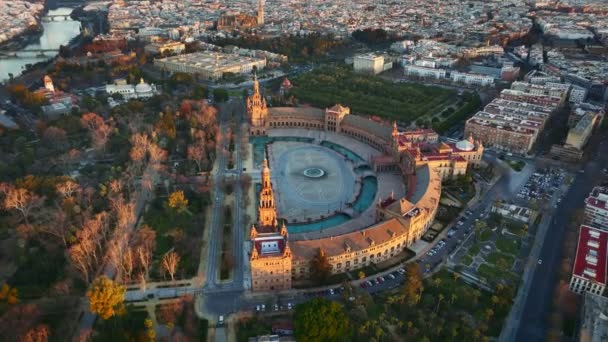 Morning View Seville City Plaza Espana Maria Luisa Park Aerial — Stockvideo