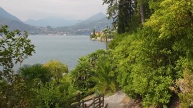 Beautiful landscape with green plants, mountains and Lake Como. Camera moves between bushes and trees in park on the shore Lake Como, Italy. Botanical garden of villa famous Monastero near Varenna