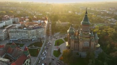 Aerial shot of Orthodox Cathedral and city center of Timisoara, Romania