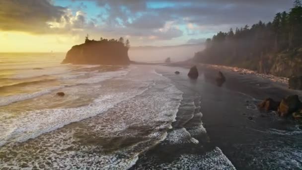 Flying Ruby Beach Sunset Oregon United States Magnificent Black Beach — ストック動画