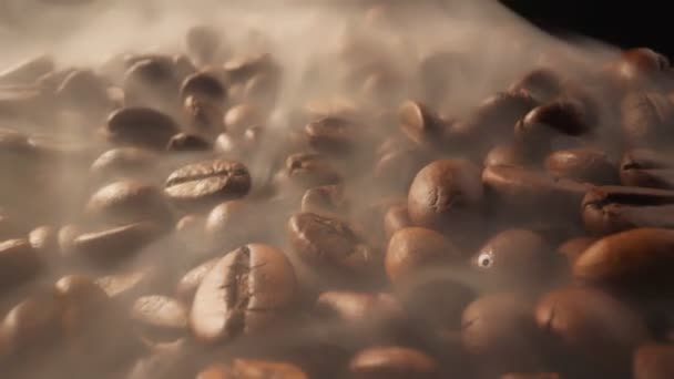 Slider Shot Coffee Beans Roasting Smoke Comes Fresh Coffee Seeds — Stock Video