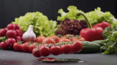 Olgun kiraz domatesleri ıslak yüzeye su damlatarak düşer. Arka planda organik taze çiftlik sebzeleri var. Sebze hasadı. Yavaş çekim.