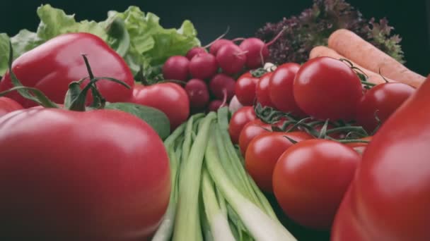 健康的夏季蔬菜在黑色背景下收获 新鲜的有机湿蔬菜的滑动镜头 番茄和黄瓜 红辣椒 欧芹和莴苣 — 图库视频影像