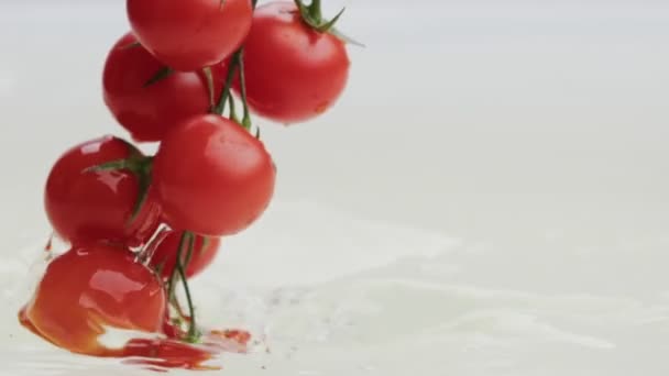 新鮮な赤いチェリートマトの枝が水に落ちます 水滴とぬれたチェリートマト スローモーション — ストック動画