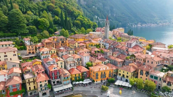Aerial View Varenna Lake Como Italy Flying Orange Roofs Old — Foto Stock