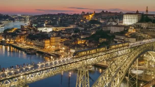 Solnedgång Kväll Utsikt Över Porto Portugal Zooma Över Gamla Stan — Stockvideo